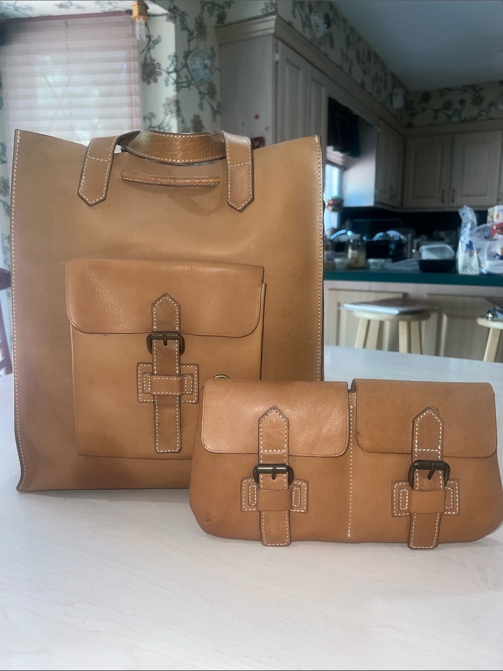 Zara Man Tan Leather Tote and Double Pouch Set